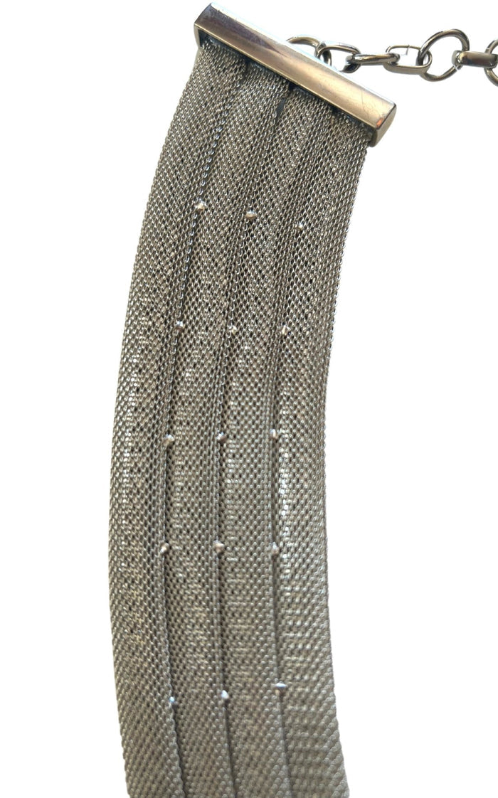 BCBGMAXAZRIA silver multi-strand mesh statement necklace with delicate bead accents