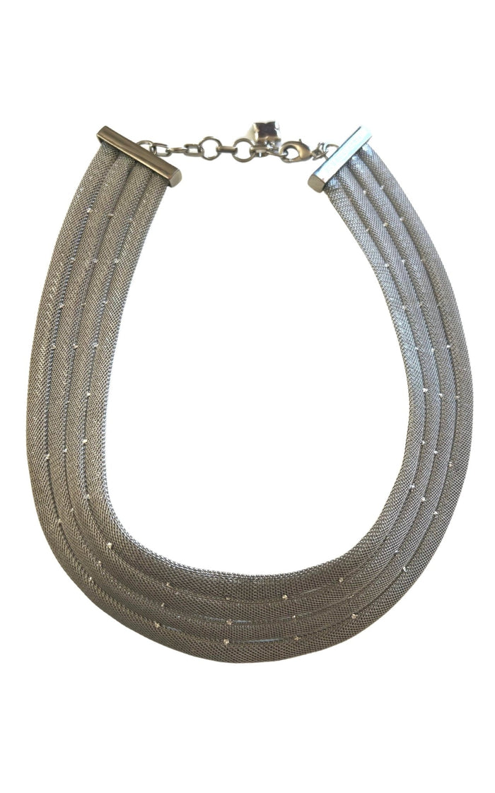 BCBGMAXAZRIA silver multi-strand mesh statement necklace with delicate bead accents