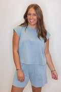 Women's mineral washed utility blue knit sleeveless top by Rae Mode