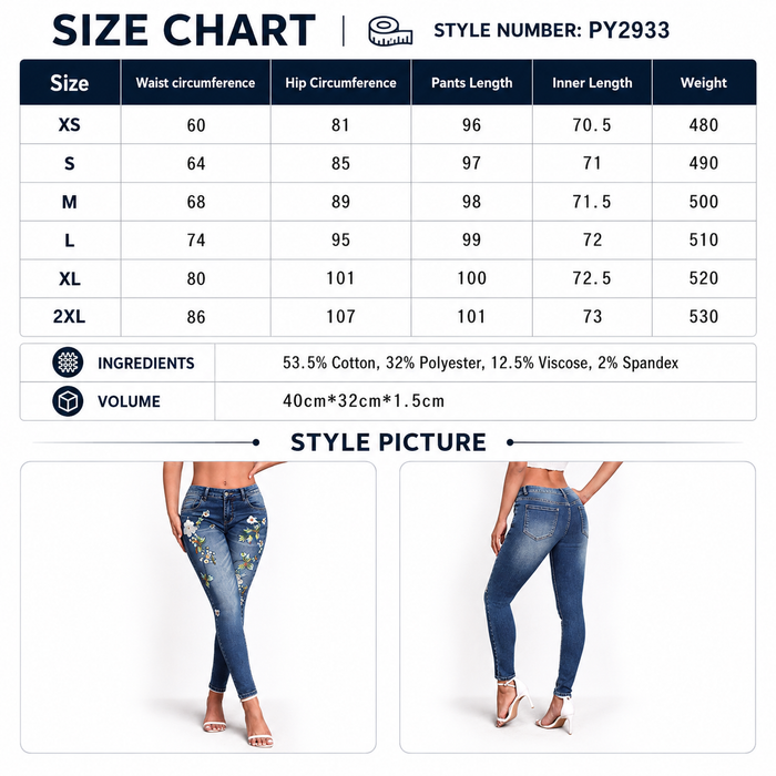 A size chart and style image for women's floral print blue jeans. The top section is a size chart table with columns for Size, Waist circumference, Hip Circumference, Pants Length, Inner Length, and Weight, listingXS through 2XL.