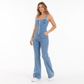 Sleeveless denim jumpsuit for women with front zipper, patchwork panels, full-length form and regular fit in clear front view