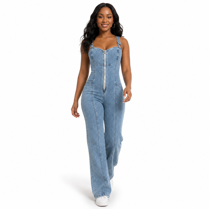 Close-up of zipper front denim jumpsuit showing the front closure, patchwork panel details and soft denim hand feel for women