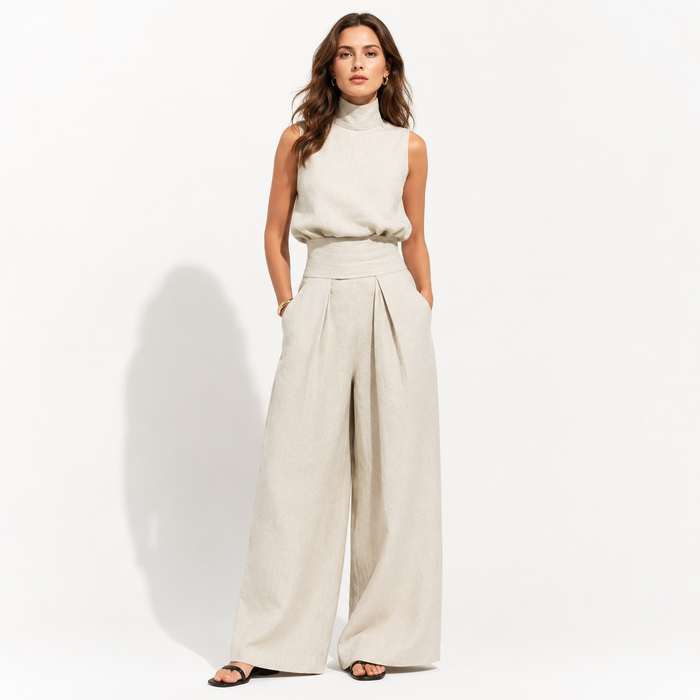 Sleeveless two piece set for women with relaxed trousers and chic summer outfit styling