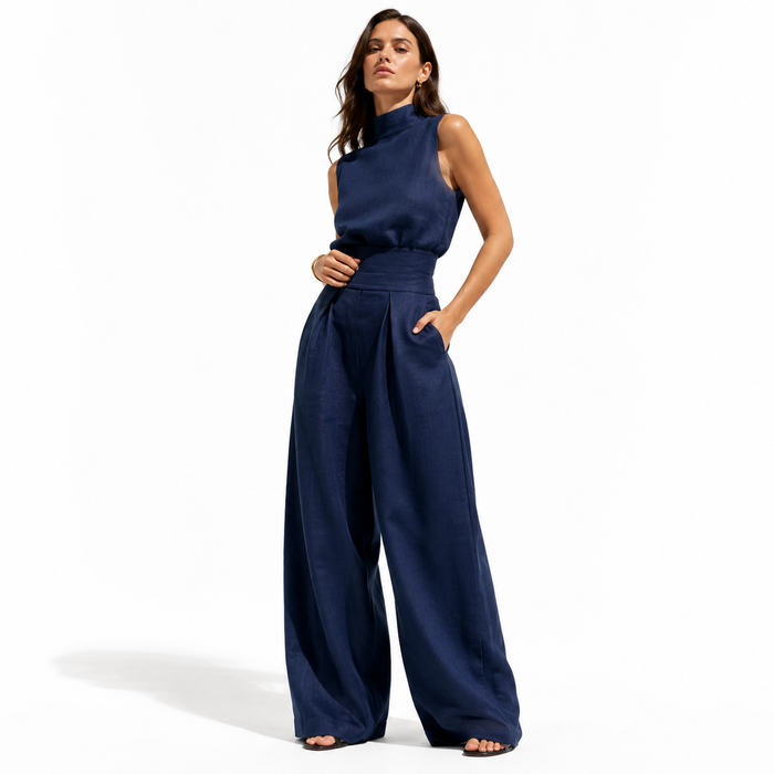 Two piece set pants and sleeveless top styled for vacation, resort days and weekends