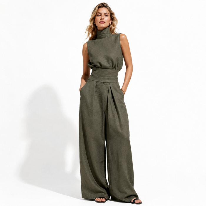 Chic summer two piece outfit with sleeveless top and comfortable straight-leg trousers