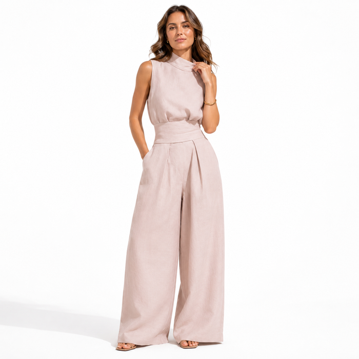 Summer matching set for women with sleeveless collar top and loose trousers