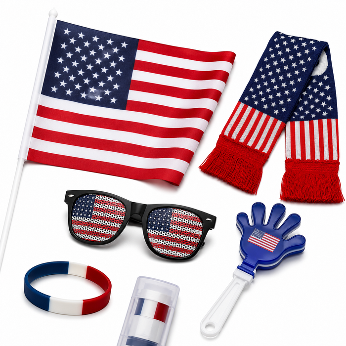 USA soccer fan gear set with red white and blue accessories for matches, tailgates and watch parties