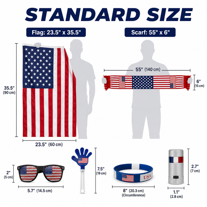 USA fan gear size chart with flag 23.5x35.5 in, scarf 55x6 in, sunglasses 5.7x2 in and clapper 7.5 in