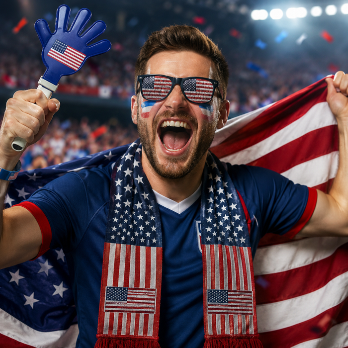 Complete American fan accessories pack with flag scarf, sunglasses, hand clapper and face paint