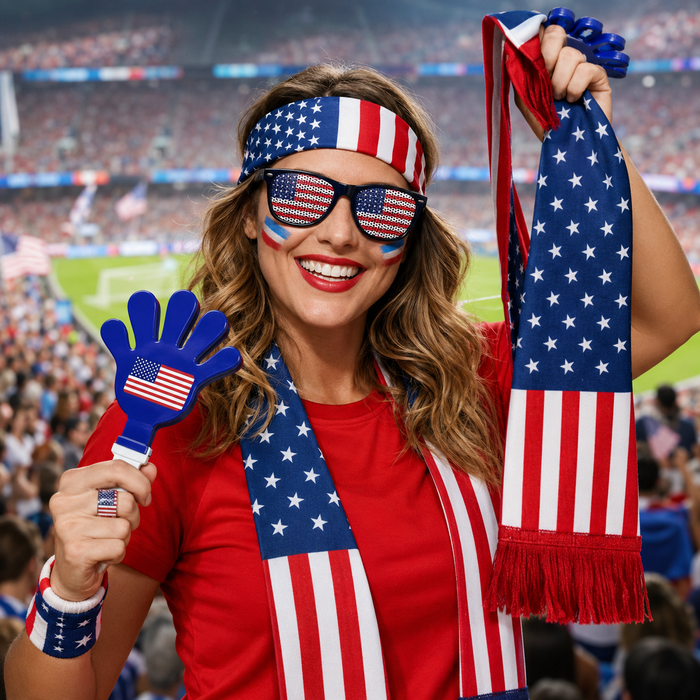 Game day gear set for soccer fans with USA flag design, scarf, wristband and reusable cheer props