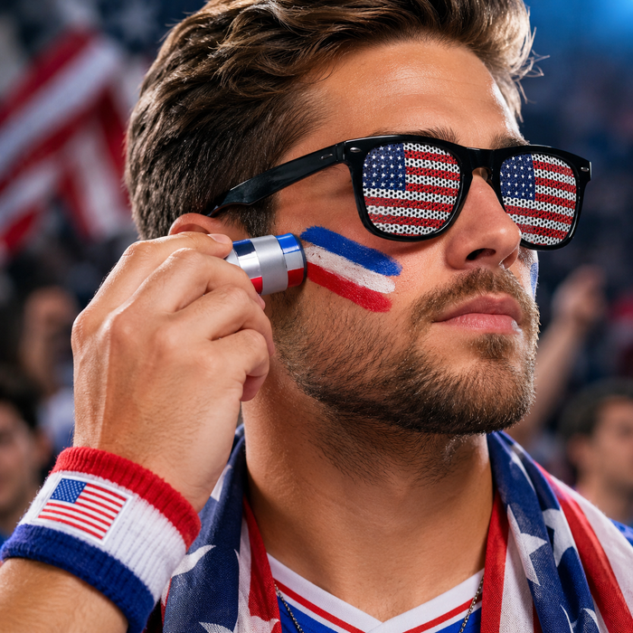 Patriotic fan gear with USA scarf, sunglasses and face paint for stadium events and fan parties