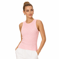 Sleeveless tank top for women in pink slim-fit polyester, front view with clean round neckline and solid casual style outfit.
