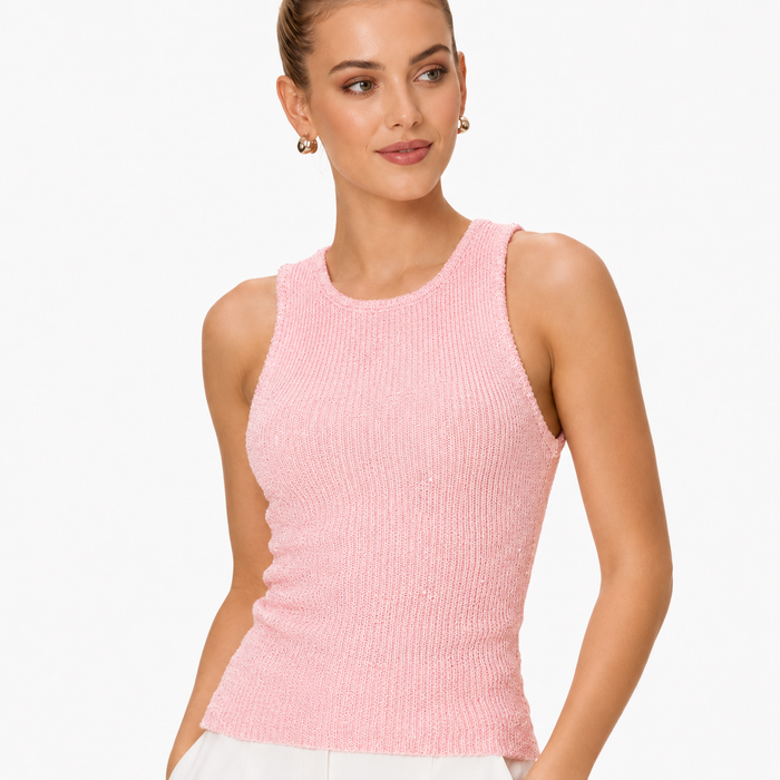 Pink sleeveless pullover tank top for women styled with a simple neckline, figure-flattering fit, and casual outfit use now!.