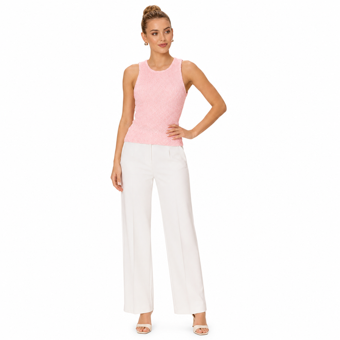 Sleeveless tank top for women back view in pink, solid polyester pullover design with clean armholes and fitted shape styles.