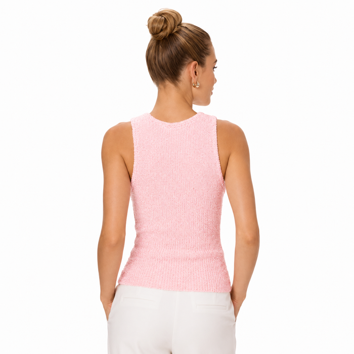 Pink sleeveless pullover tank top for women styled with a simple neckline, figure-flattering fit, and casual outfit use now!.