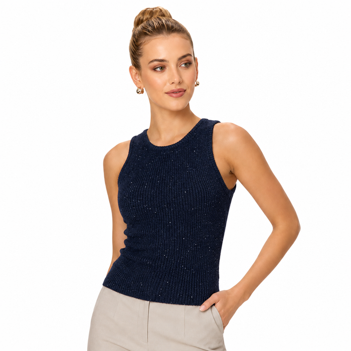 Navy sleeveless tank top for women styled with jeans, slim silhouette, solid color, and refined everyday basic appeal outfit.