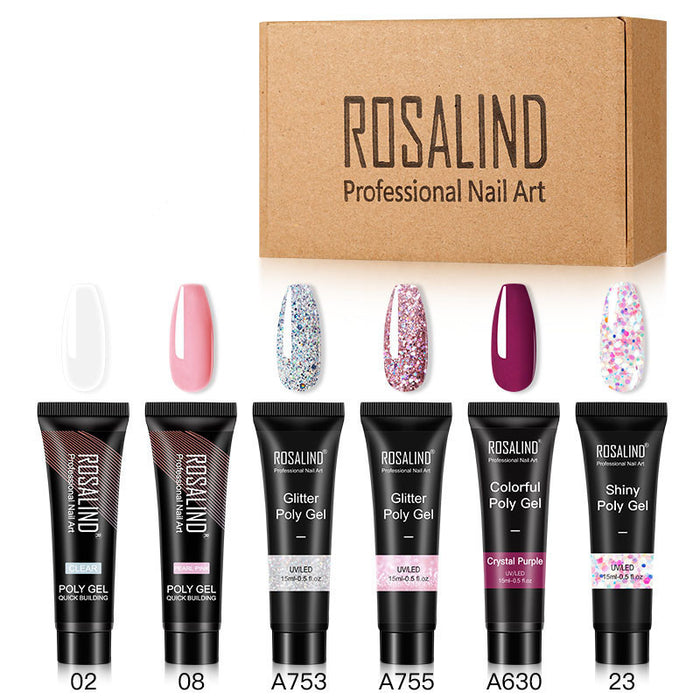 Rosalind nail art poly gel set with various colors and a branded box.