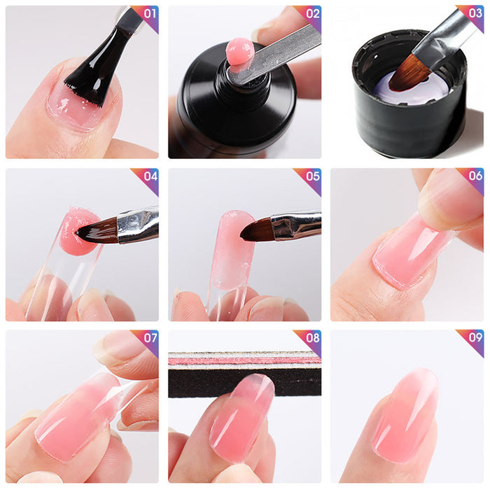 Step-by-step process of applying pink nail polish with tools on a white background.