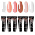 Set of Rusalind Poly Gel tubes with corresponding nail color samples on a white background