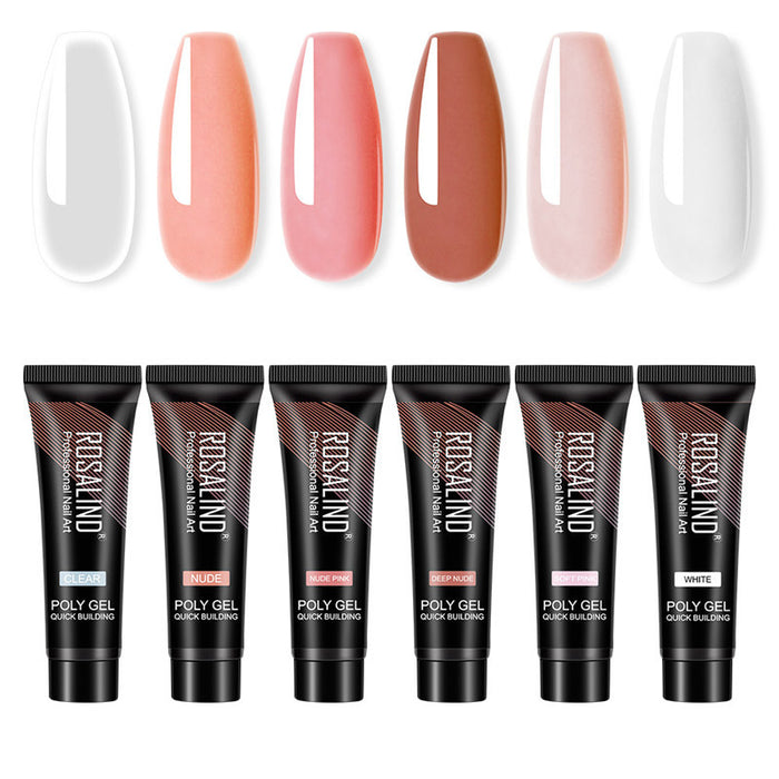 Set of Rusalind Poly Gel tubes with corresponding nail color samples on a white background