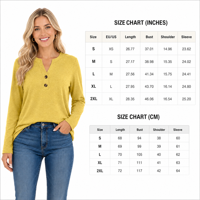Relaxed fit women blouse with V neck design and button front detail styled with jeans for an easy casual look
