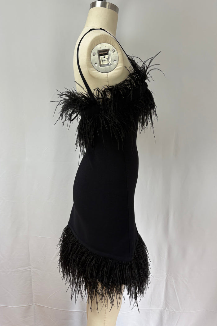 Staud Black Feather Trim Mini Dress