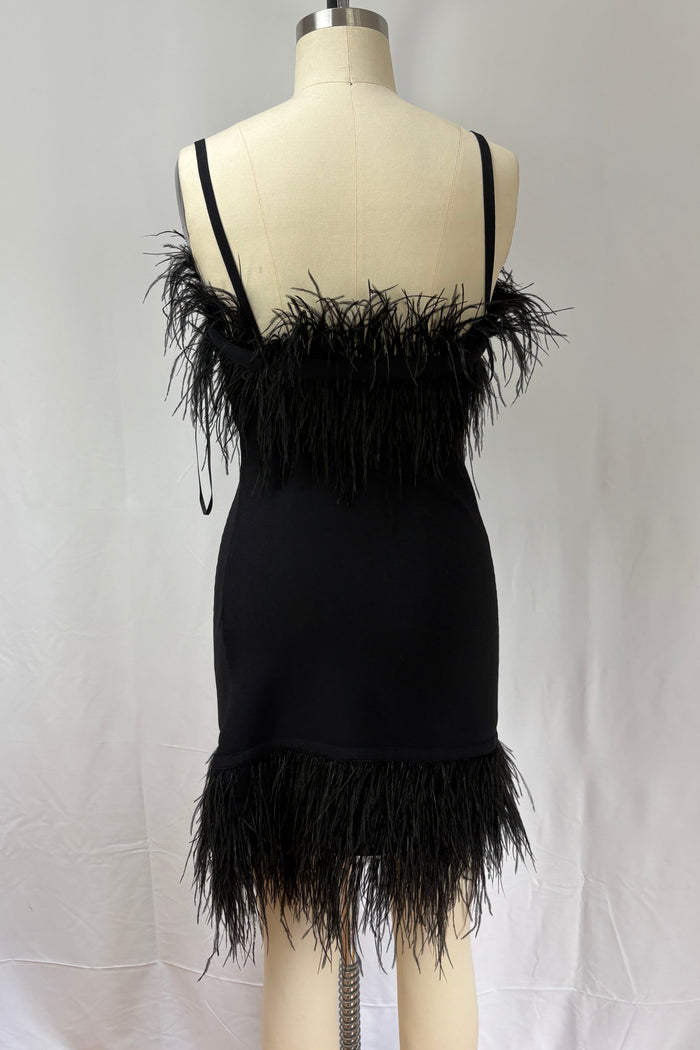 Staud Black Feather Trim Mini Dress