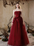 Strapless Burgundy Tulle Prom Dress 2025 Corset Back