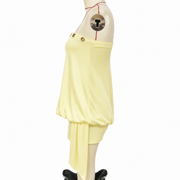 Yellow strapless mini dress styled for a bright festival night