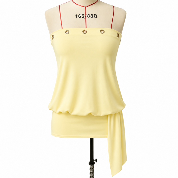 Yellow sleeveless top on a mannequin with a white background