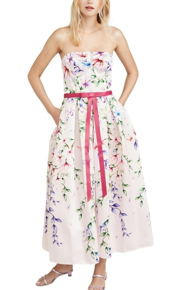 Marchesa Notte Strapless Printed Mikado Corseted Gown - Runway Catalog