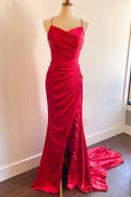 Straps Red Ruched Mermaid Long Formal Dress