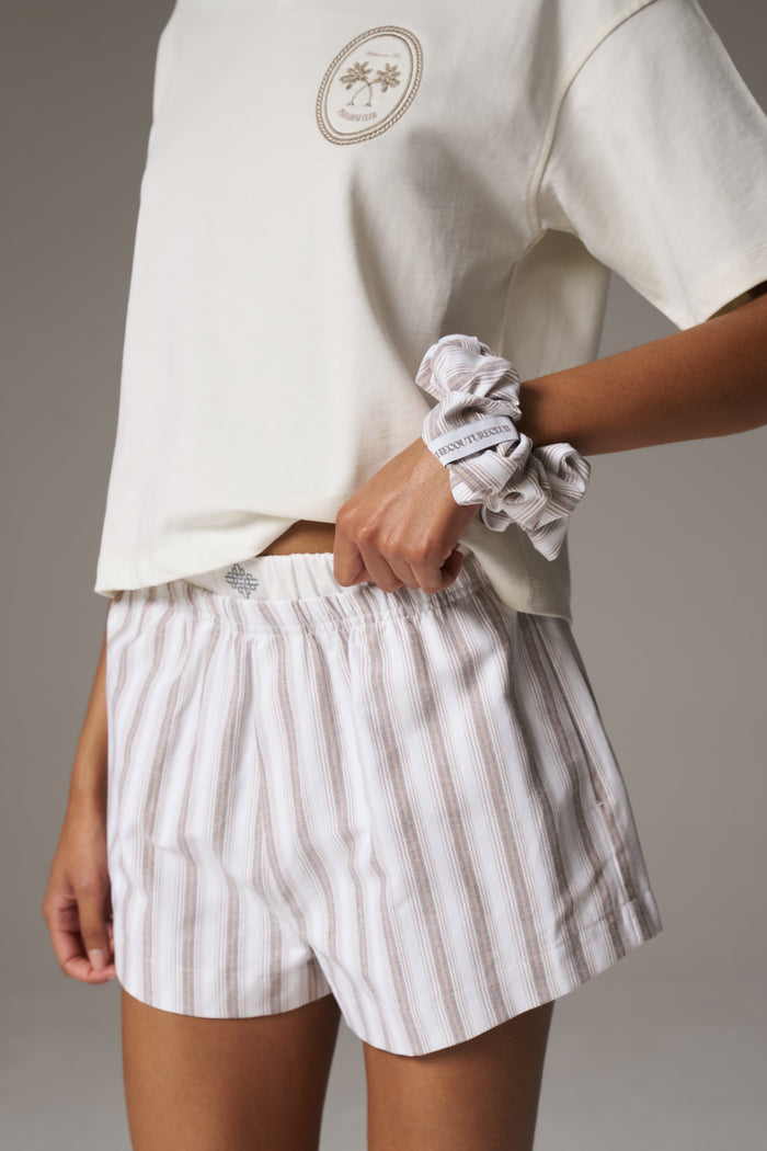 STRIPE BOXER WAISTBAND WOVEN SHORTS - BEIGE