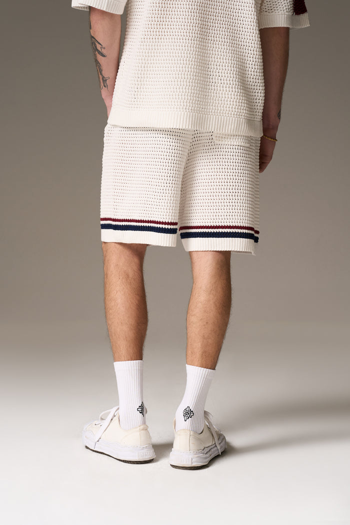 STRIPE CROCHET KNIT SHORTS - BURGUNDY