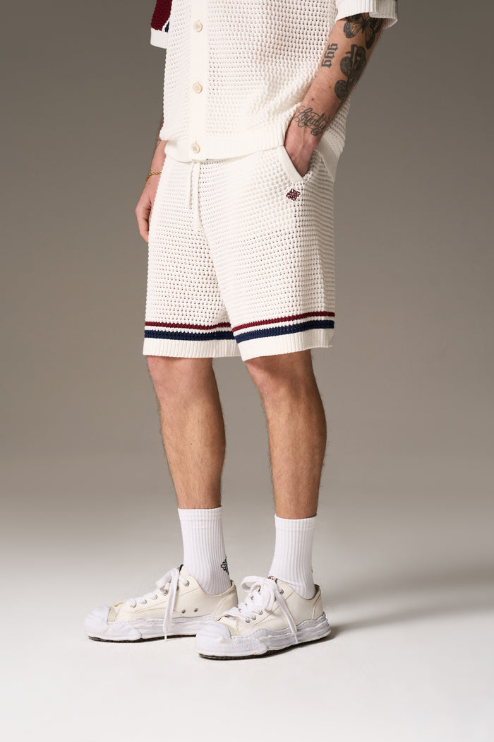 STRIPE CROCHET KNIT SHORTS - BURGUNDY