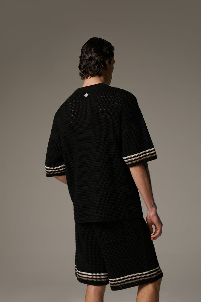 STRIPE CROCHET KNIT T-SHIRT - BLACK