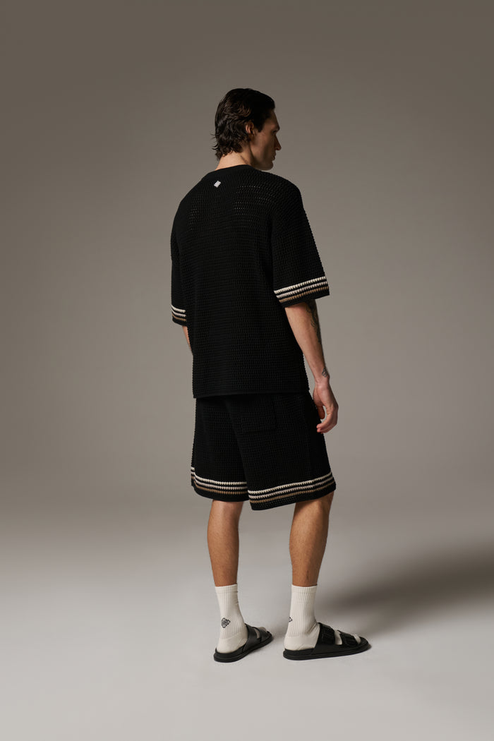 STRIPE CROCHET KNIT T-SHIRT - BLACK