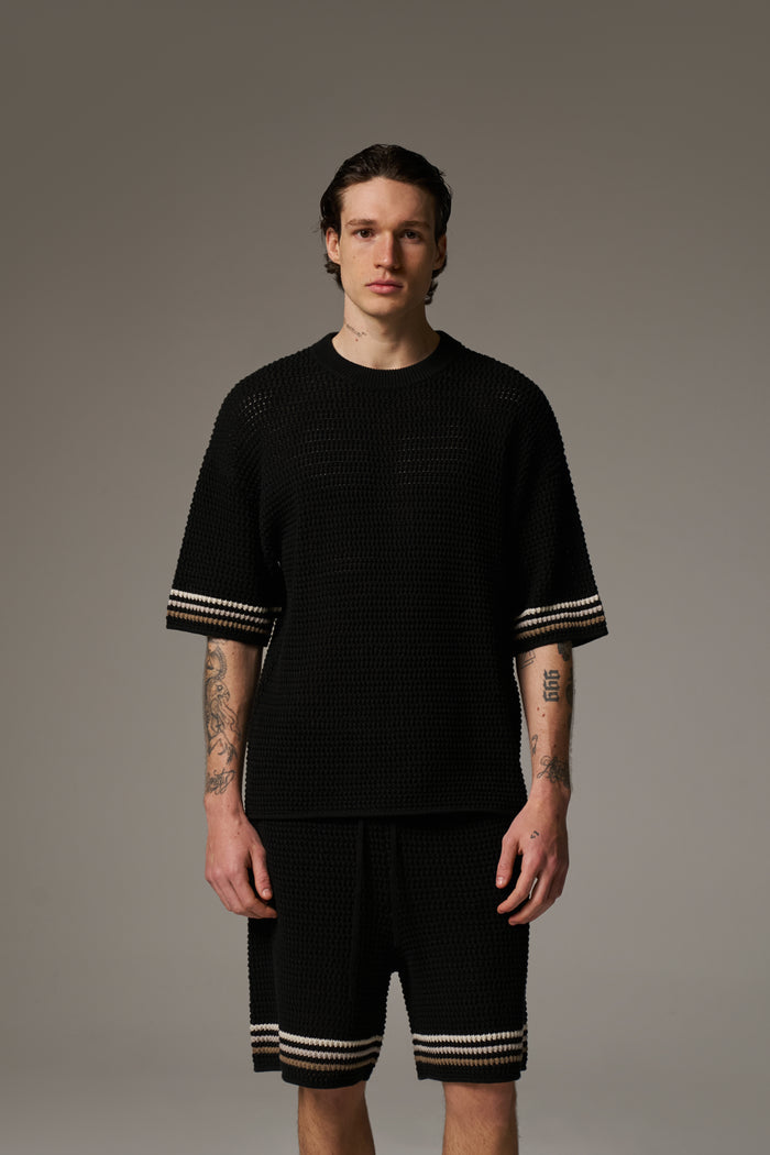 STRIPE CROCHET KNIT T-SHIRT - BLACK