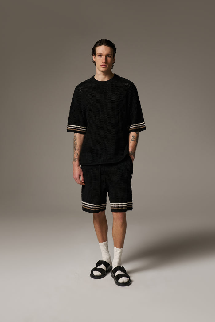 STRIPE CROCHET KNIT T-SHIRT - BLACK
