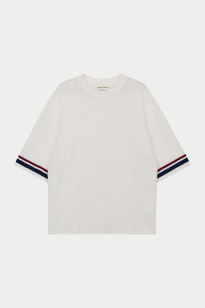 STRIPE CROCHET KNIT T-SHIRT - BURGUNDY