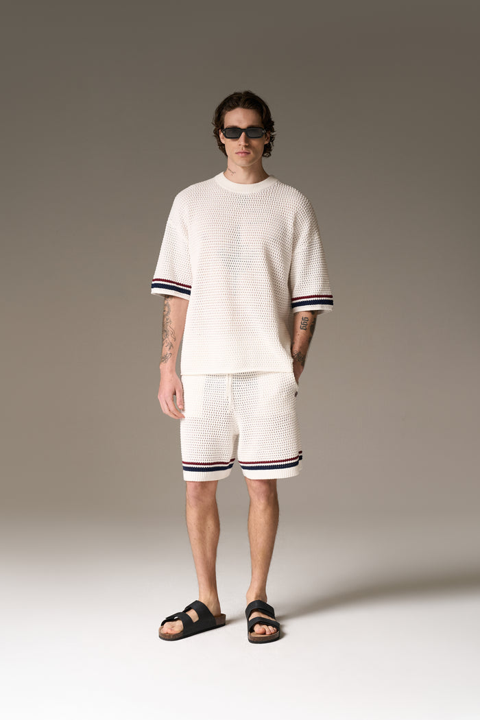 STRIPE CROCHET KNIT T-SHIRT - BURGUNDY