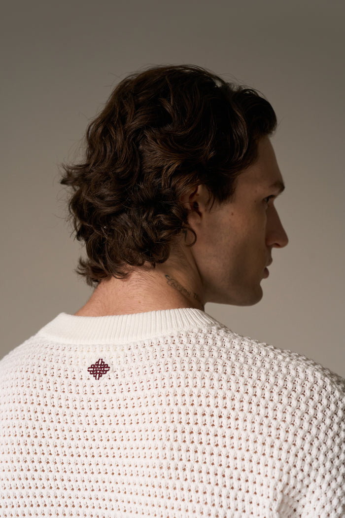 STRIPE CROCHET KNIT T-SHIRT - BURGUNDY