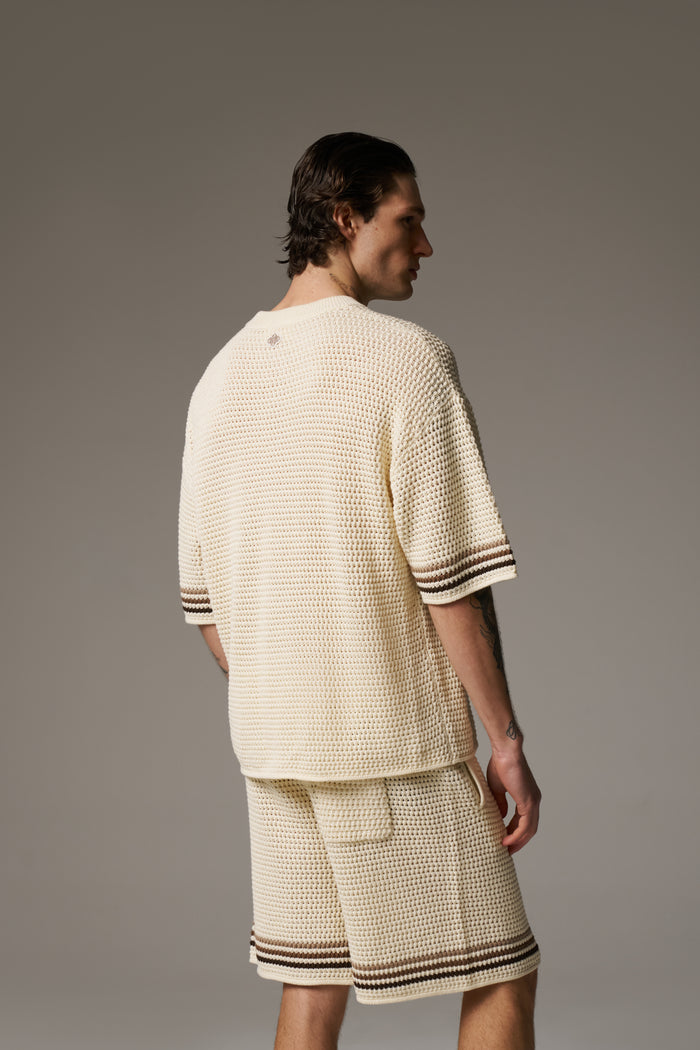 STRIPE CROCHET KNIT T-SHIRT - OFF WHITE