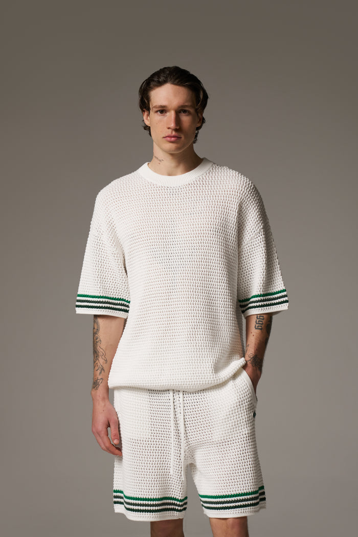 STRIPE CROCHET KNIT T-SHIRT - WHITE