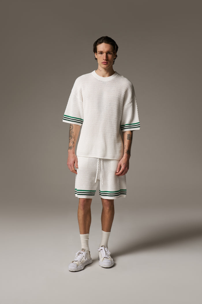 STRIPE CROCHET KNIT T-SHIRT - WHITE
