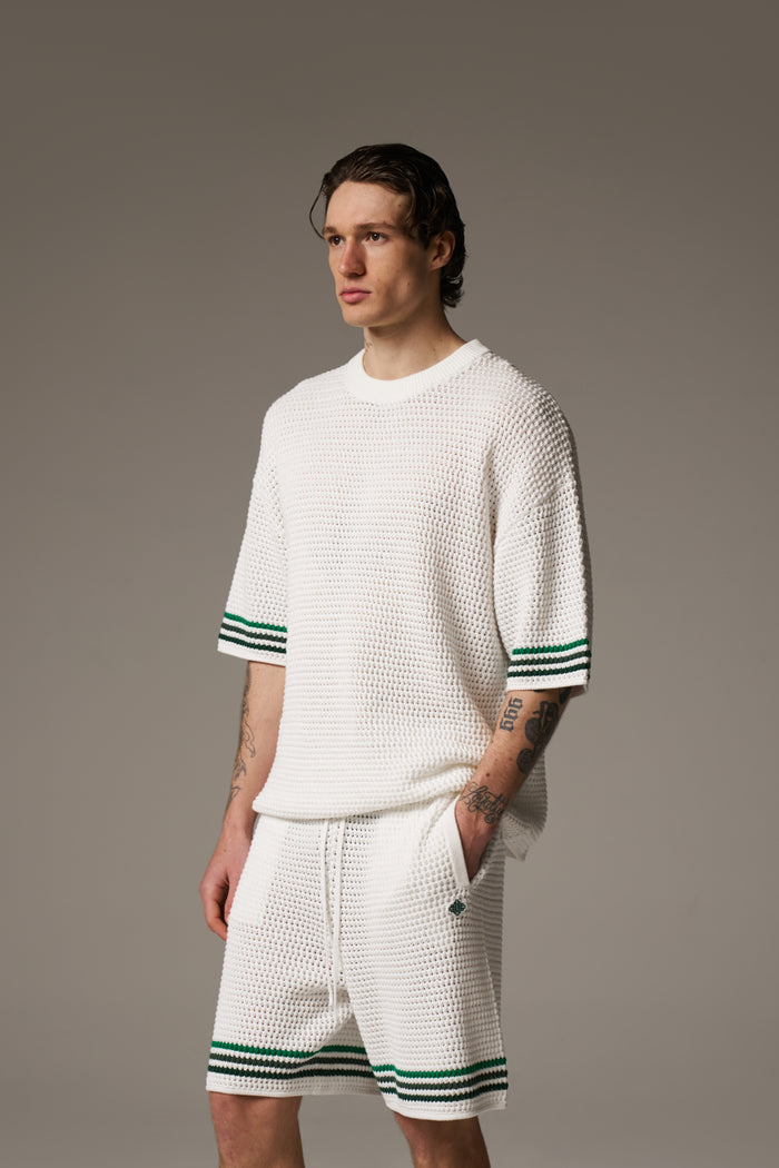 STRIPE CROCHET KNIT T-SHIRT - WHITE