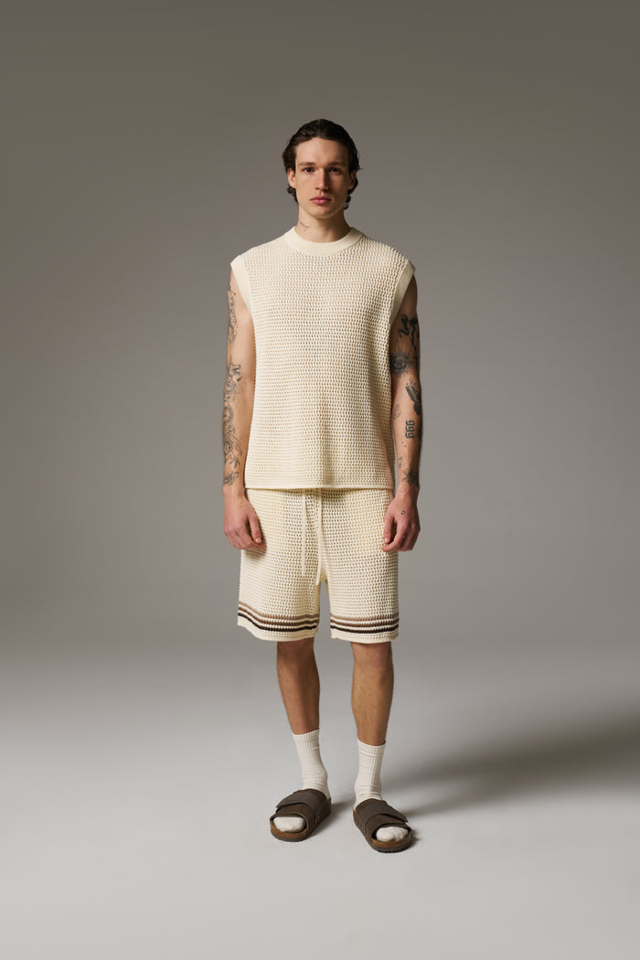 STRIPE CROCHET KNIT VEST - OFF WHITE