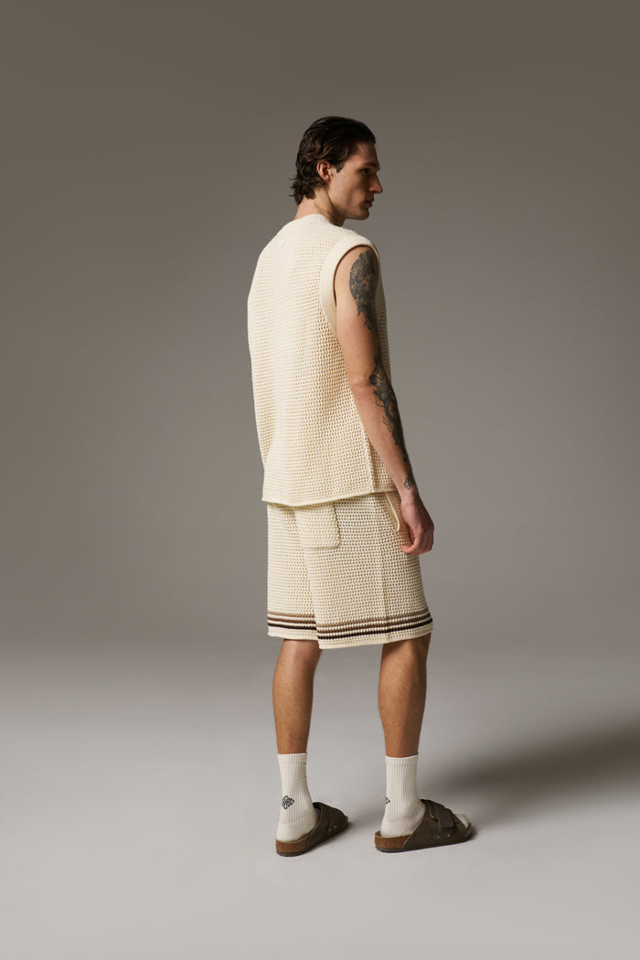 STRIPE CROCHET KNIT VEST - OFF WHITE