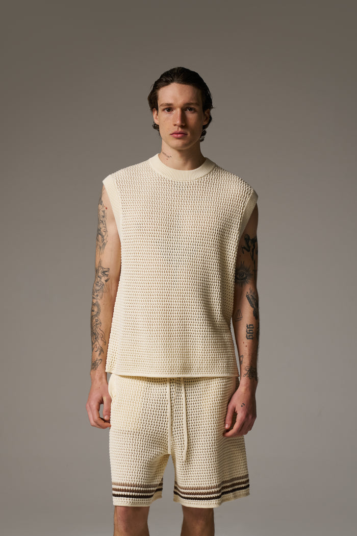 STRIPE CROCHET KNIT VEST - OFF WHITE