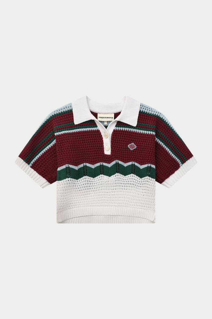 STRIPE CROCHET KNITTED OPEN COLLAR SHIRT - BURGUNDY